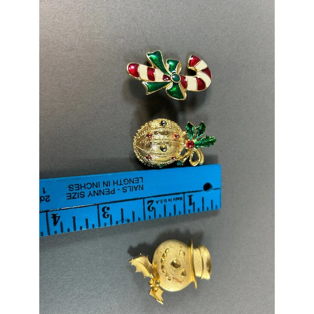 Vintage Christmas Brooch Set Gold Tone Candy Cane Ornament Snowman Enamel Pins